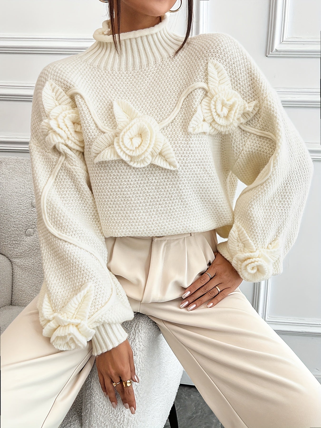 Evoque™ | Elegant Floral High-Neck Sweater