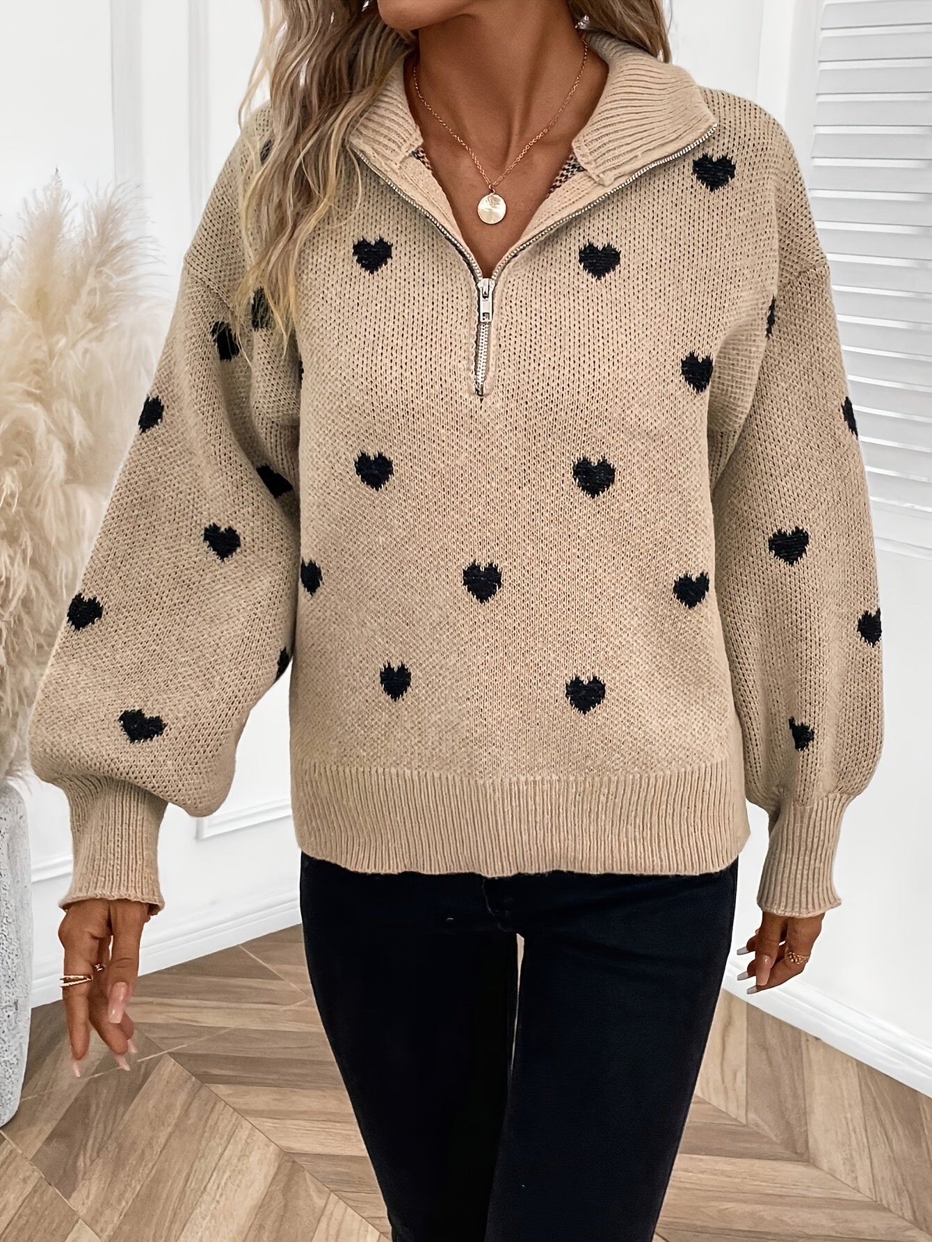 Evoque™ | Zip-Up Heart Knit Sweater