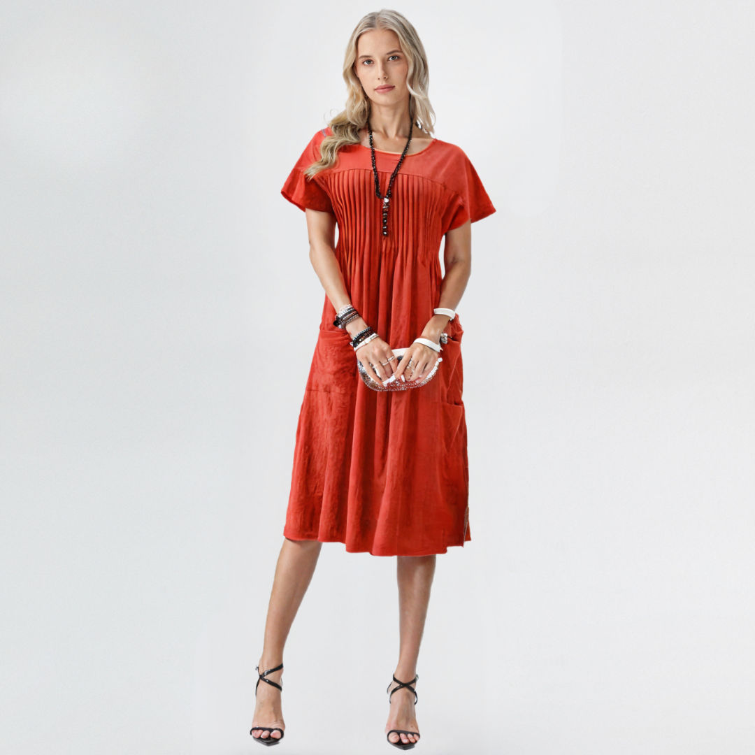 EVOQUE™ | Casual Pleated Midi Dress with Pockets