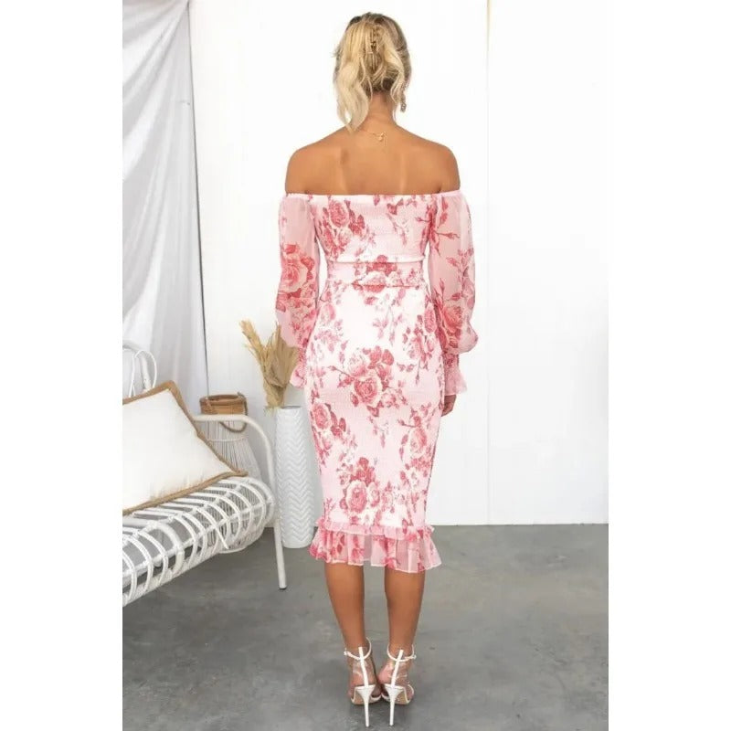 EVOQUE™ | Elegant Off-Shoulder Floral Midi Dress