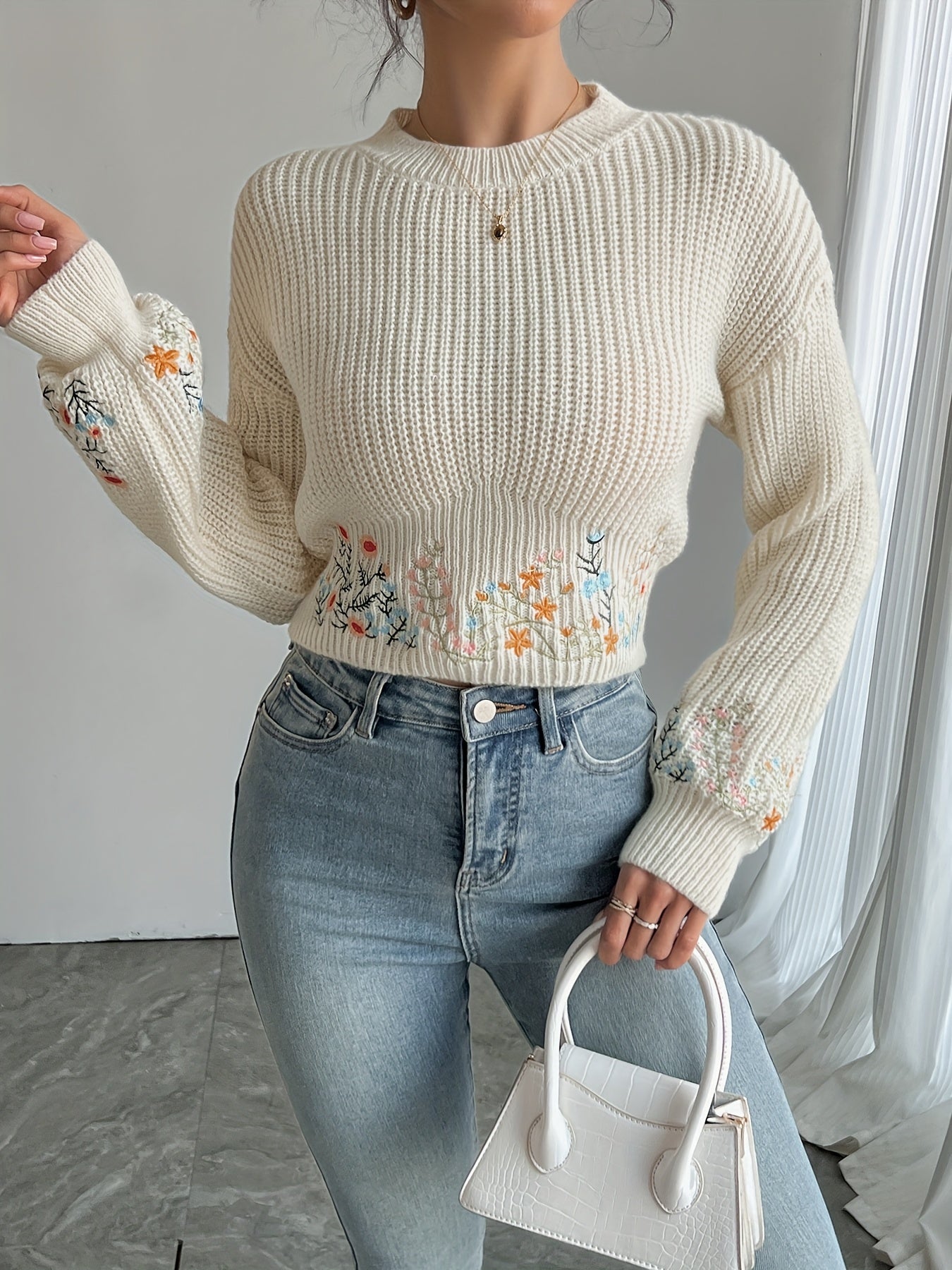 Evoque™ | Floral Knit High-Neck Sweater