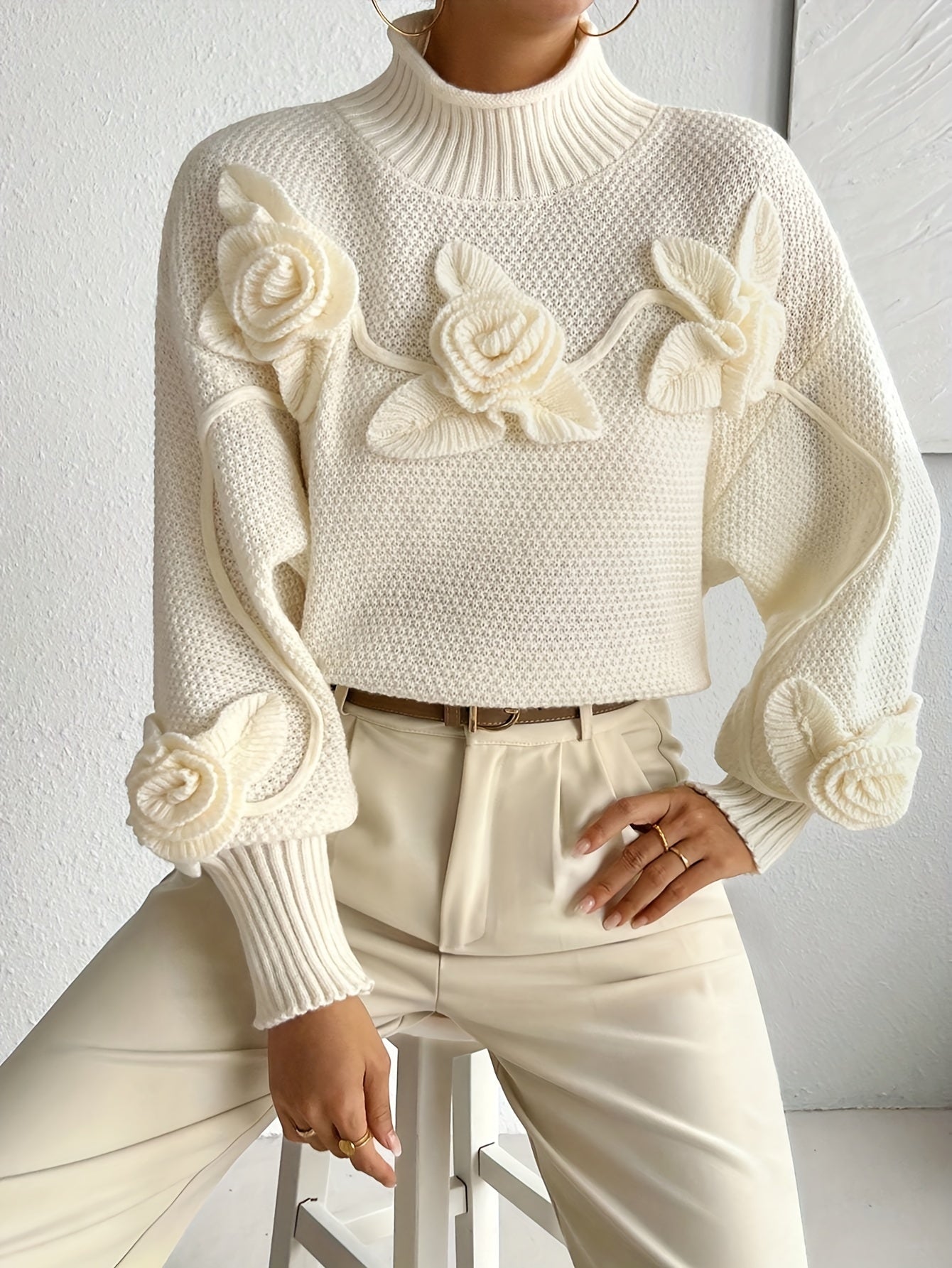 Evoque™ | Elegant Floral High-Neck Sweater