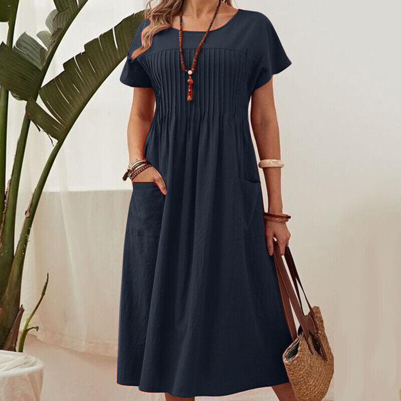 EVOQUE™ | Casual Pleated Midi Dress with Pockets