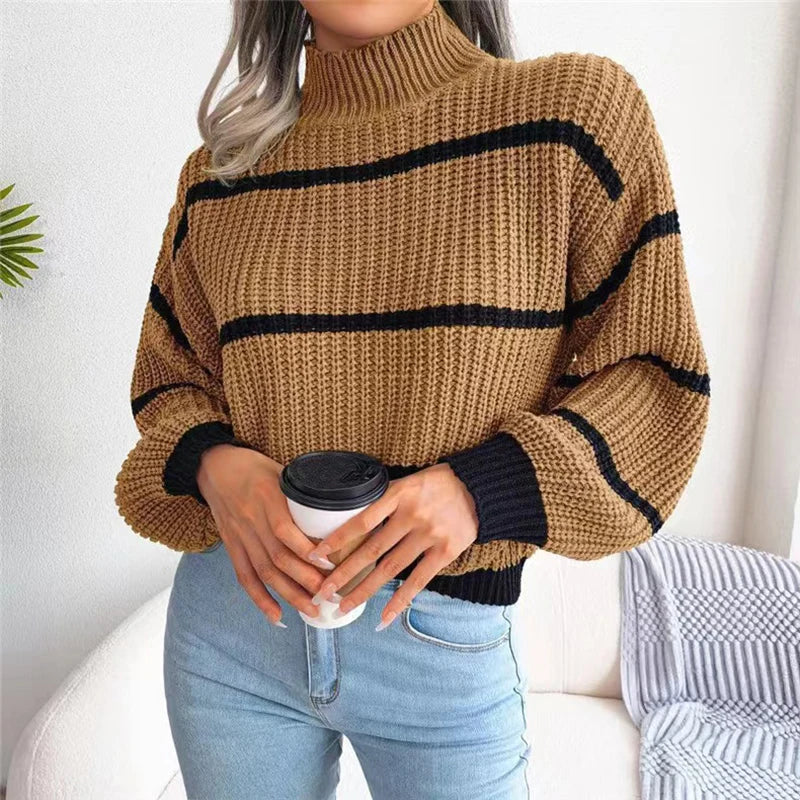 EVOQUE™ | STRIPED KNITTED TURTLENECK SWEATER