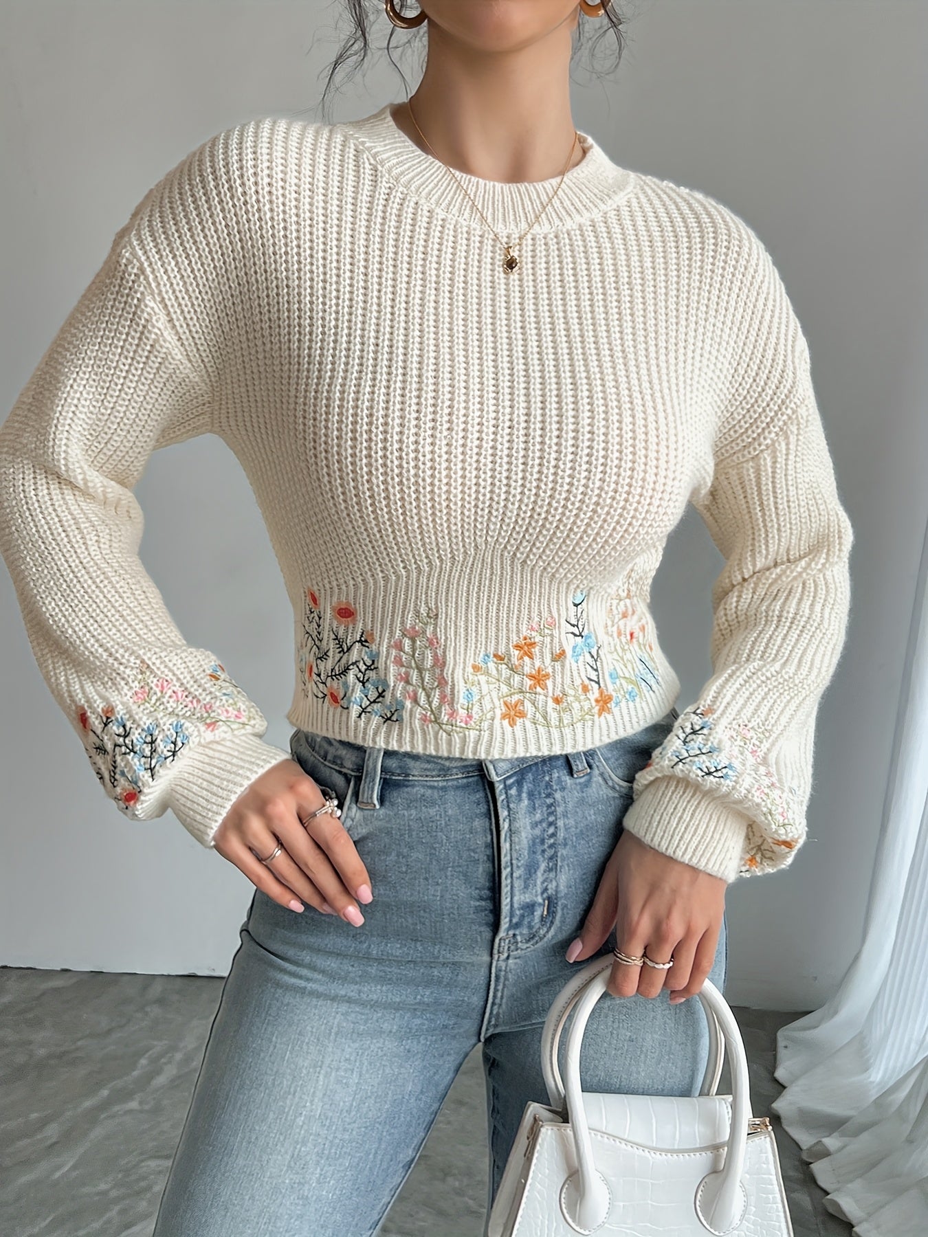 Evoque™ | Floral Knit High-Neck Sweater