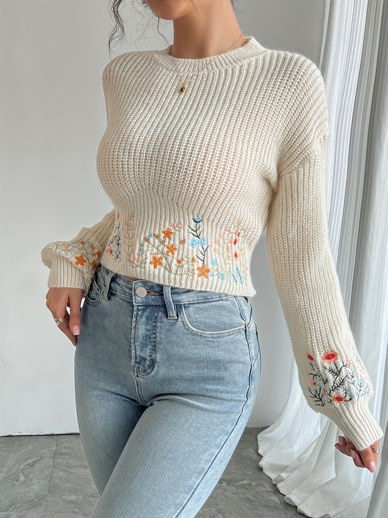 Evoque™ | Floral Knit High-Neck Sweater