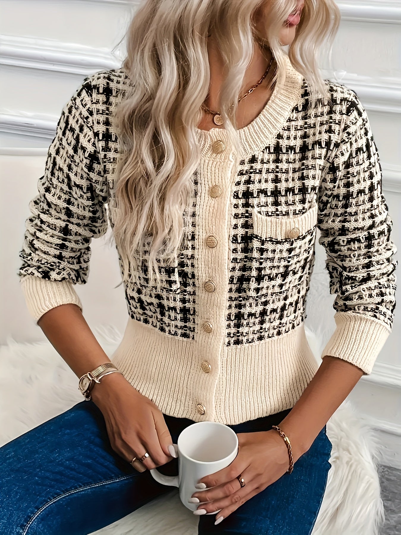 Evoque™ | Plaid Button-Up Knit Cardigan